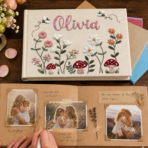 Personalized woodland mushroom garden hand embroidered linen notebook with wildflowers bees and custom name