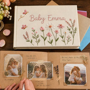 Personalized butterfly wildflower hand embroidered linen notebook with pink flowers and custom name