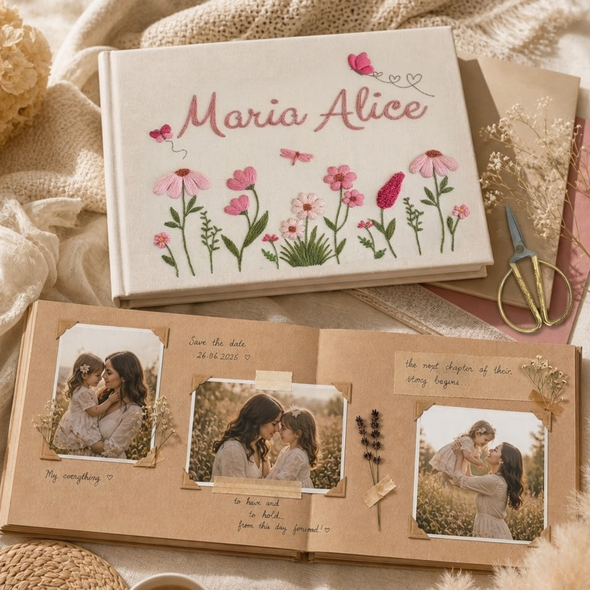 Personalized butterfly flower garden hand embroidered linen notebook with pink wildflowers and custom name