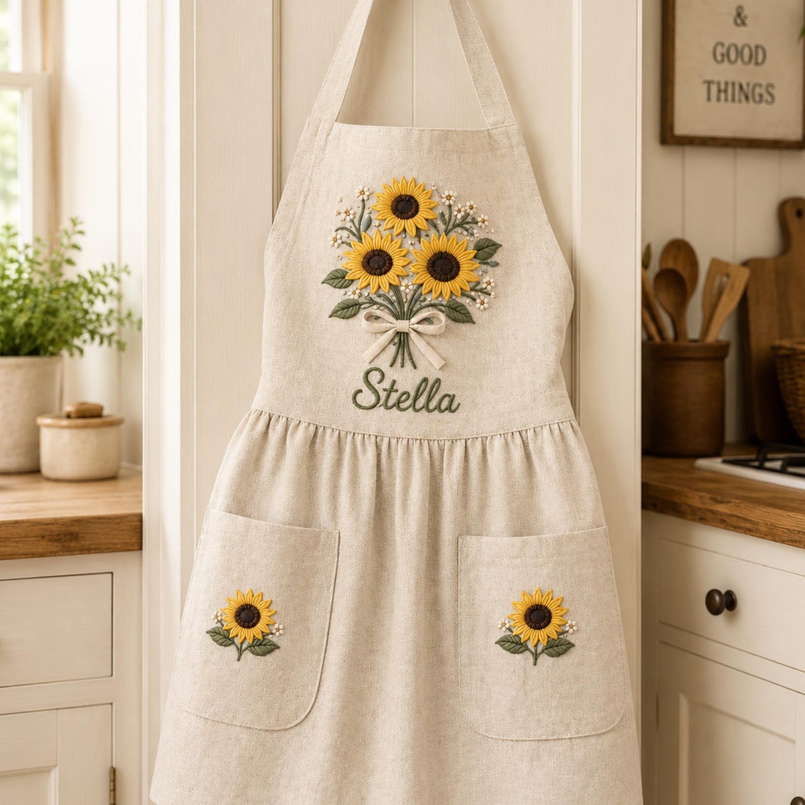 Personalized hand embroidered linen apron featuring a sunflower bouquet, white floral accents, ribbon detail, and custom name embroidery.