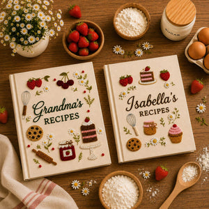 Personalized strawberry bakery hand embroidered recipe book featuring strawberries jam cupcakes layered cakes cookies and floral embroidery