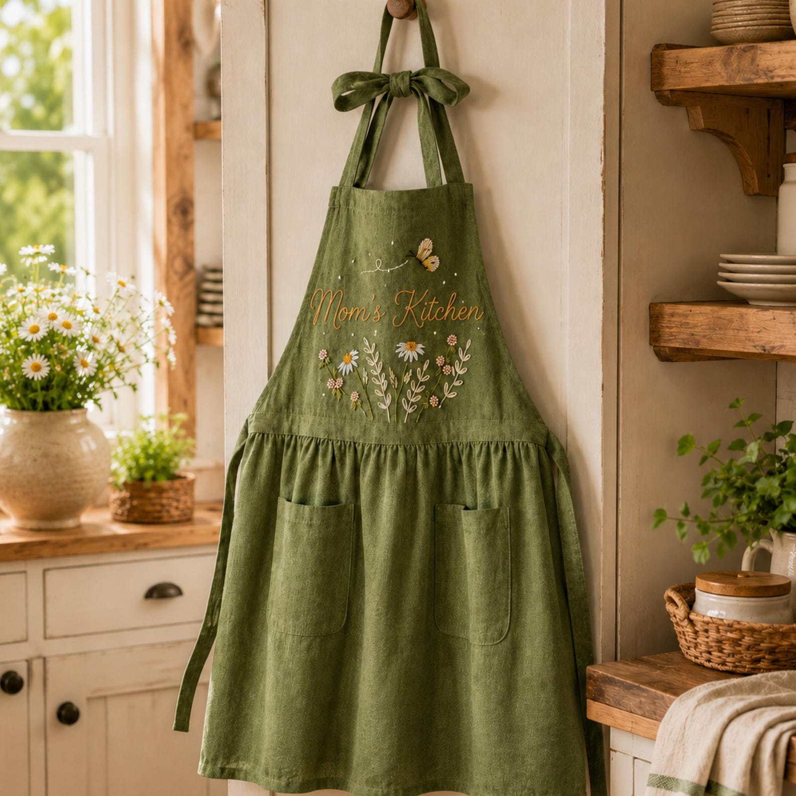Personalized hand embroidered linen apron featuring wildflowers, daisies, botanical foliage, butterfly embroidery, and custom name embroidery on green linen fabric.