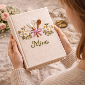 Personalized hand embroidered recipe book featuring a whisk, spatula, wooden spoon tied with a pink ribbon and surrounded by white daisies on a linen cover.