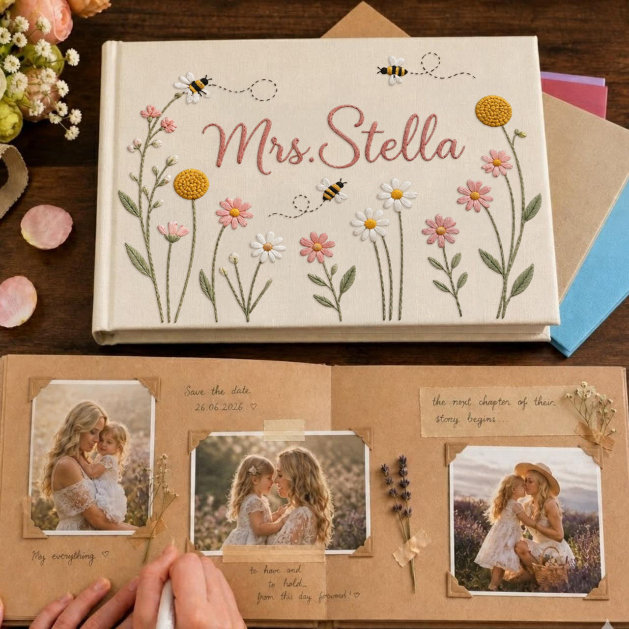 Personalized daisy bee garden hand embroidered linen notebook with floral embroidery and custom name