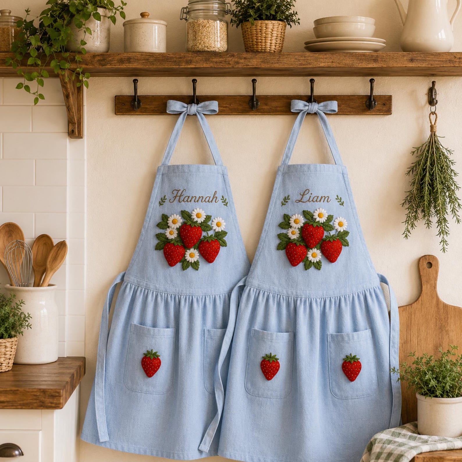 Personalized hand embroidered linen apron featuring strawberries, daisy flowers, botanical garden embroidery, and custom name personalization.