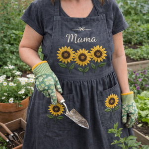 Personalized hand embroidered linen apron featuring three sunflower blooms, botanical foliage, floral pocket embroidery, and custom name personalization.