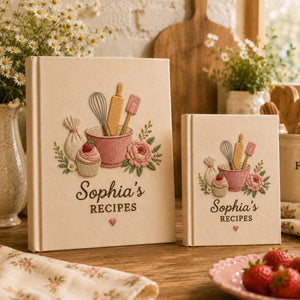 Personalized bakery flower hand embroidered recipe book with mixing bowl whisk rolling pin cupcake and floral embroidery on linen cover