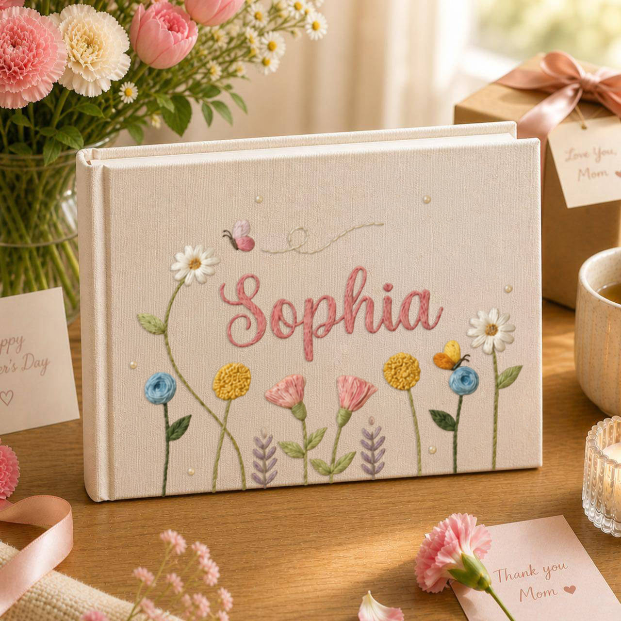 Personalized pastel wildflower hand embroidered linen notebook with butterflies colorful flowers and custom name