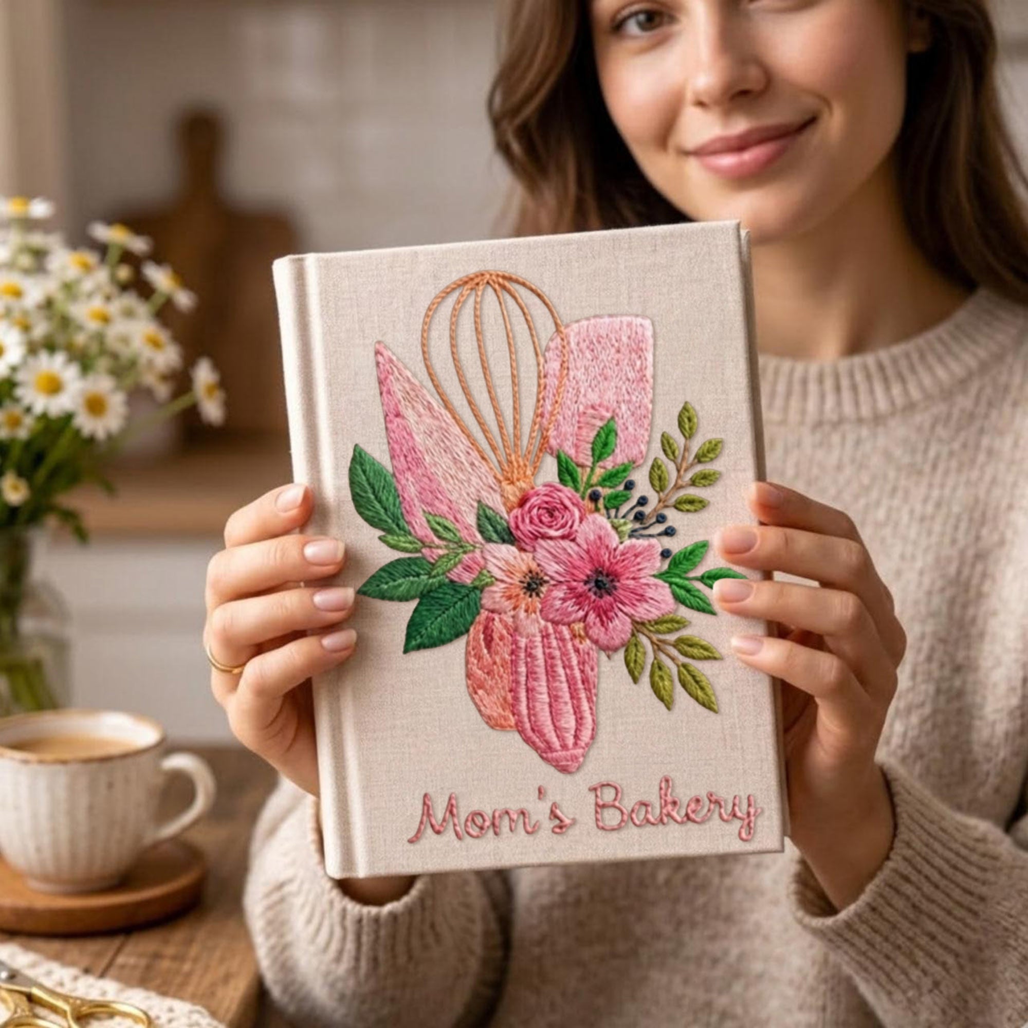 Personalized embroidered floral bakery recipe book handmade linen cookbook 8