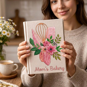Personalized embroidered floral bakery recipe book handmade linen cookbook 8
