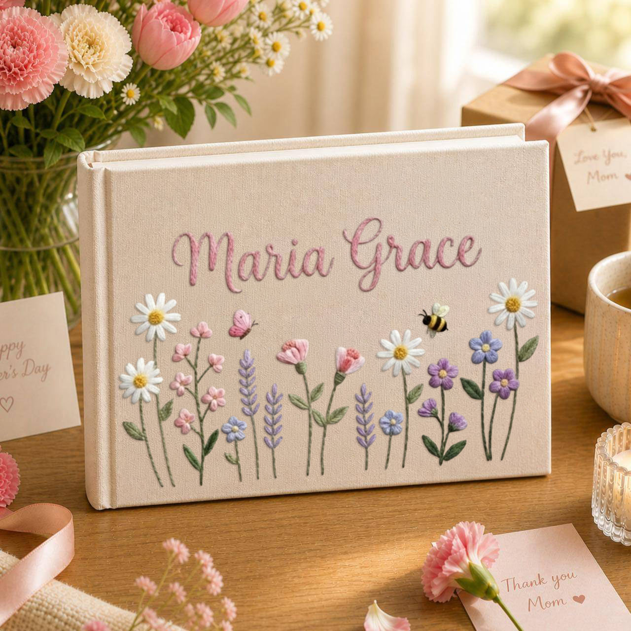 Personalized pastel cottage garden hand embroidered linen notebook with daisies bees flowers and custom name