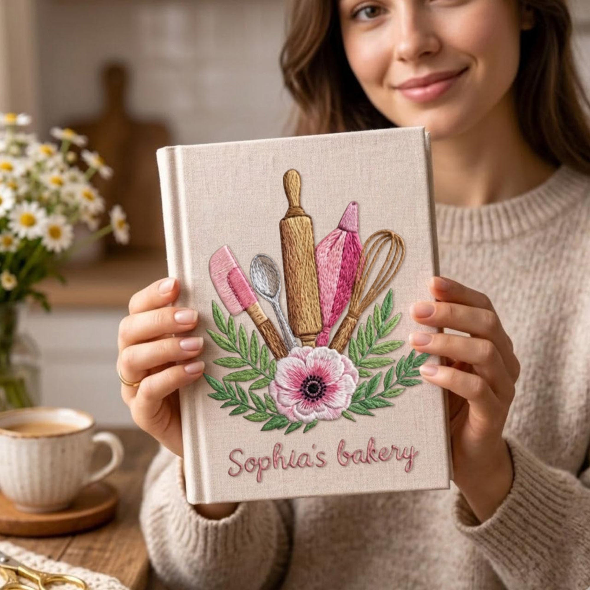 Personalized embroidered bakery recipe book handmade linen floral cookbook 7
