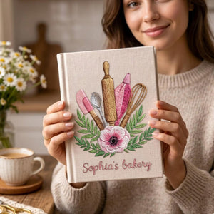 Personalized embroidered bakery recipe book handmade linen floral cookbook 7