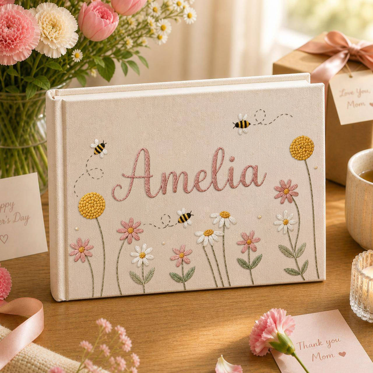 Personalized bee daisy garden hand embroidered linen notebook with floral embroidery bees and custom name