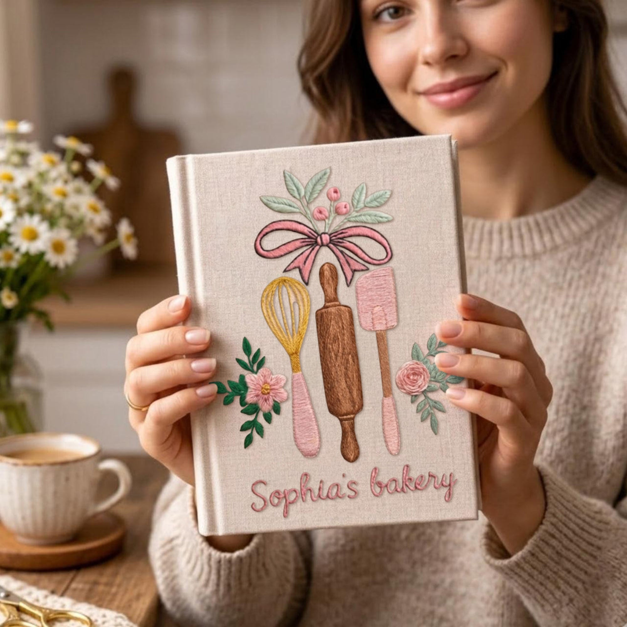 Personalized embroidered bakery recipe book handmade linen floral cookbook 7