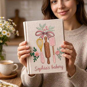 Personalized embroidered bakery recipe book handmade linen floral cookbook 7