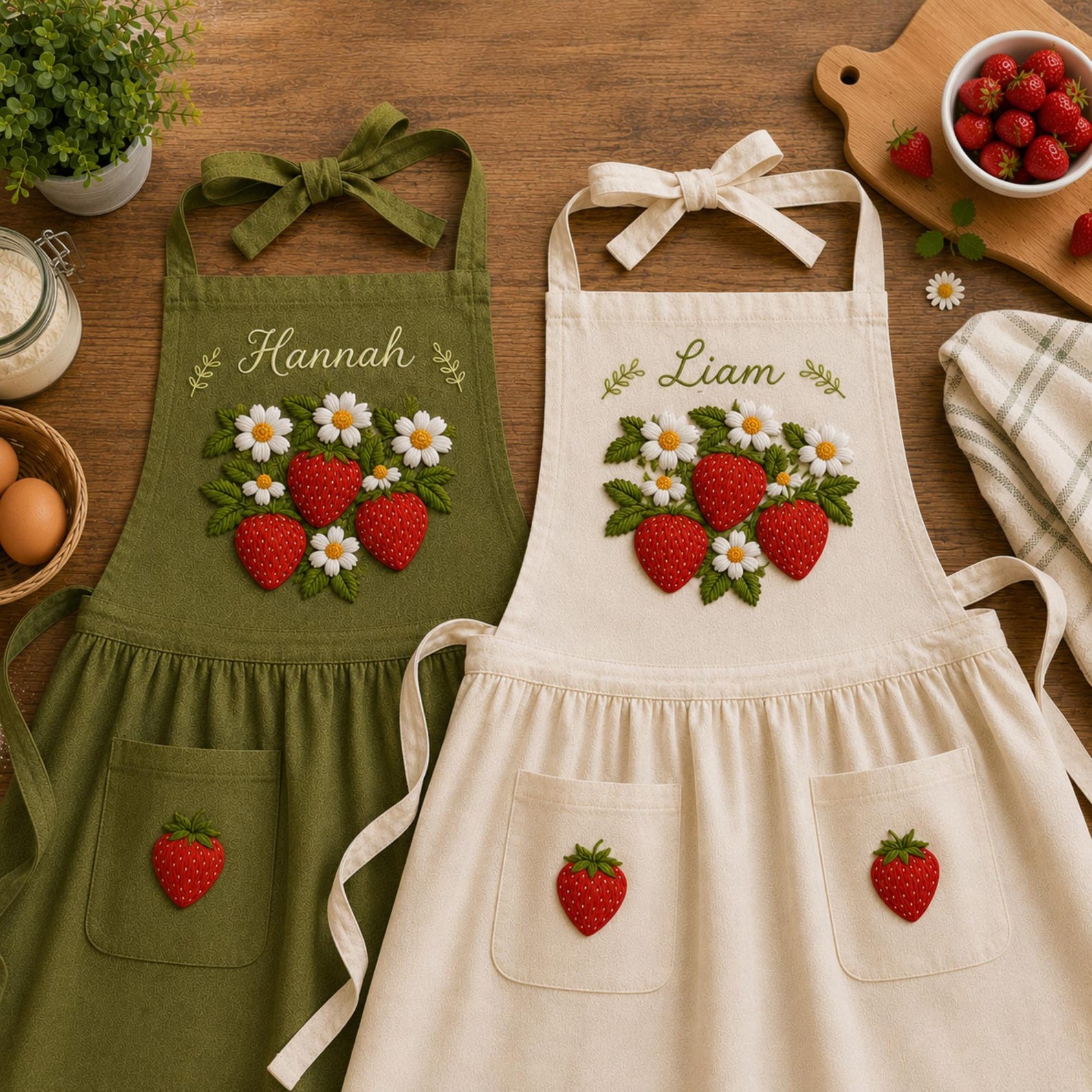 Personalized hand embroidered linen apron featuring strawberries, daisy flowers, botanical garden embroidery, and custom name personalization.