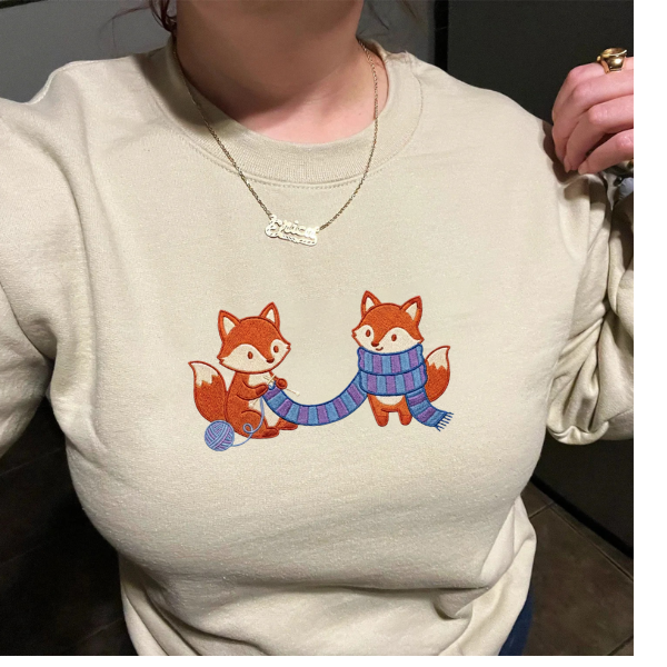 Embroidered Fox Knitting Sweatshirt – Woodland Animal Scarf Design, Cute Cozy Sweater Gift