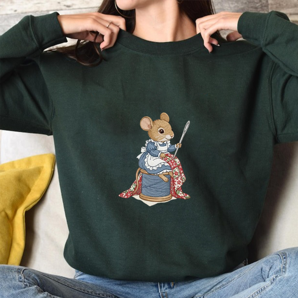 Sewing Mouse Embroidered Sweatshirt – Cute Seamstress Design, Cozy Gift for Sewing Lovers