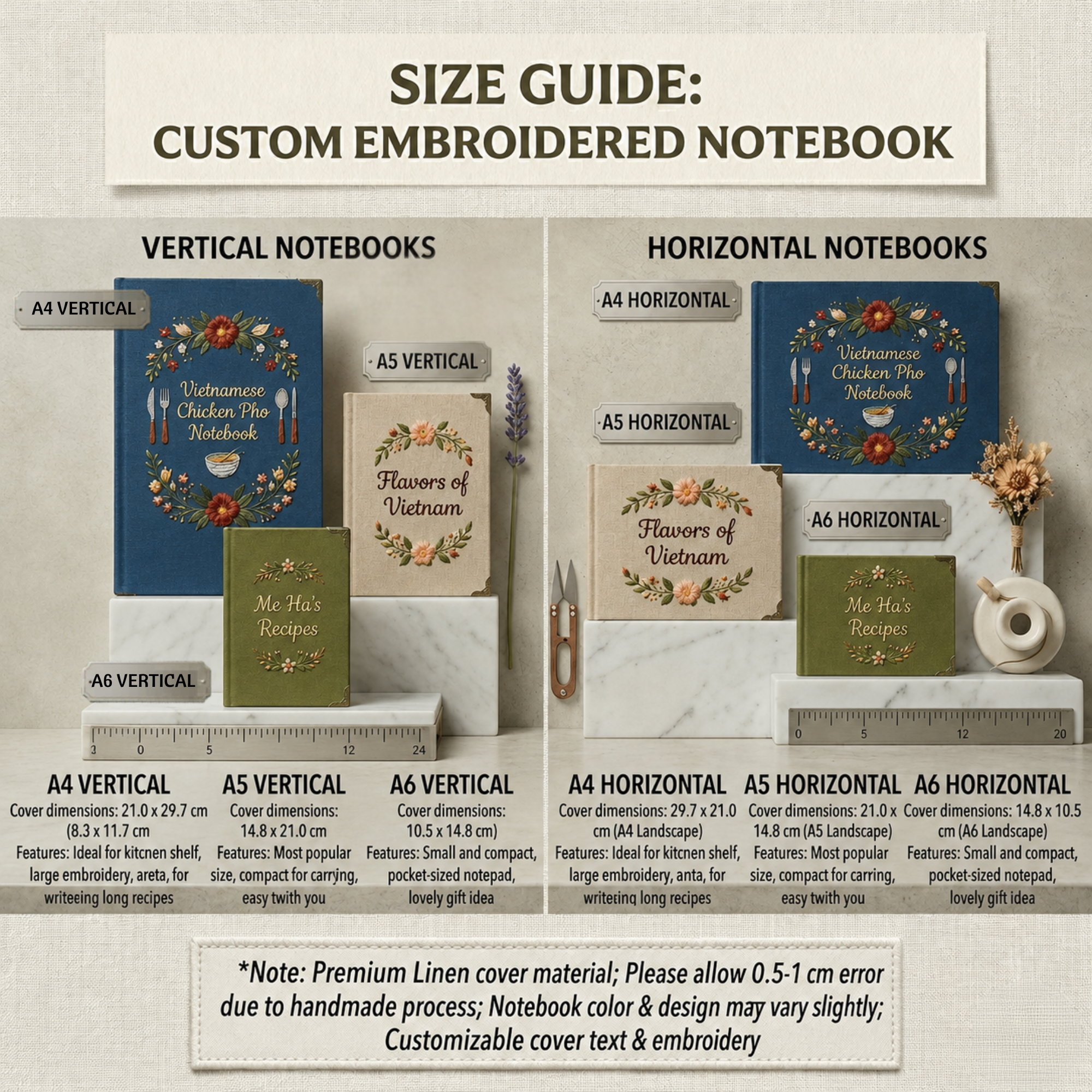 Personalized butterfly flower garden hand embroidered linen notebook with pink wildflowers and custom name