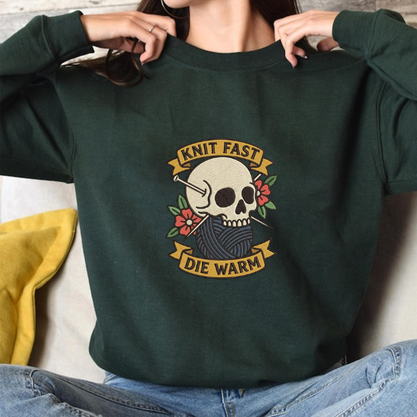 Embroidered Skull Yarn Sweatshirt – Knit Fast Die Warm Gothic Tattoo Style, Knitting Lover Gift