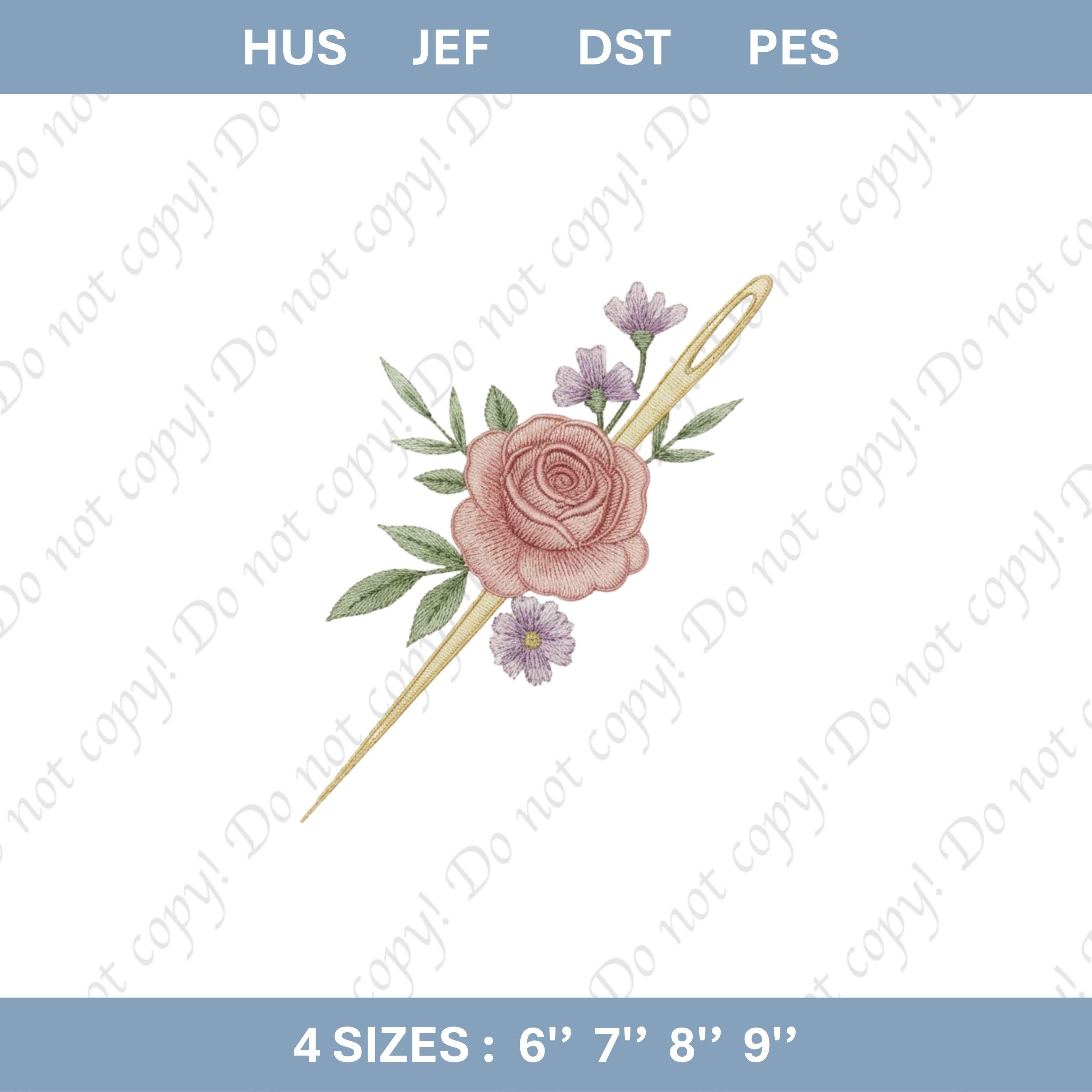 Vintage Rose Sewing Needle Embroidery File Floral Sewing Room Decor Pink Rose Lavender Wildflower Stitch Pattern For Craft Projects
