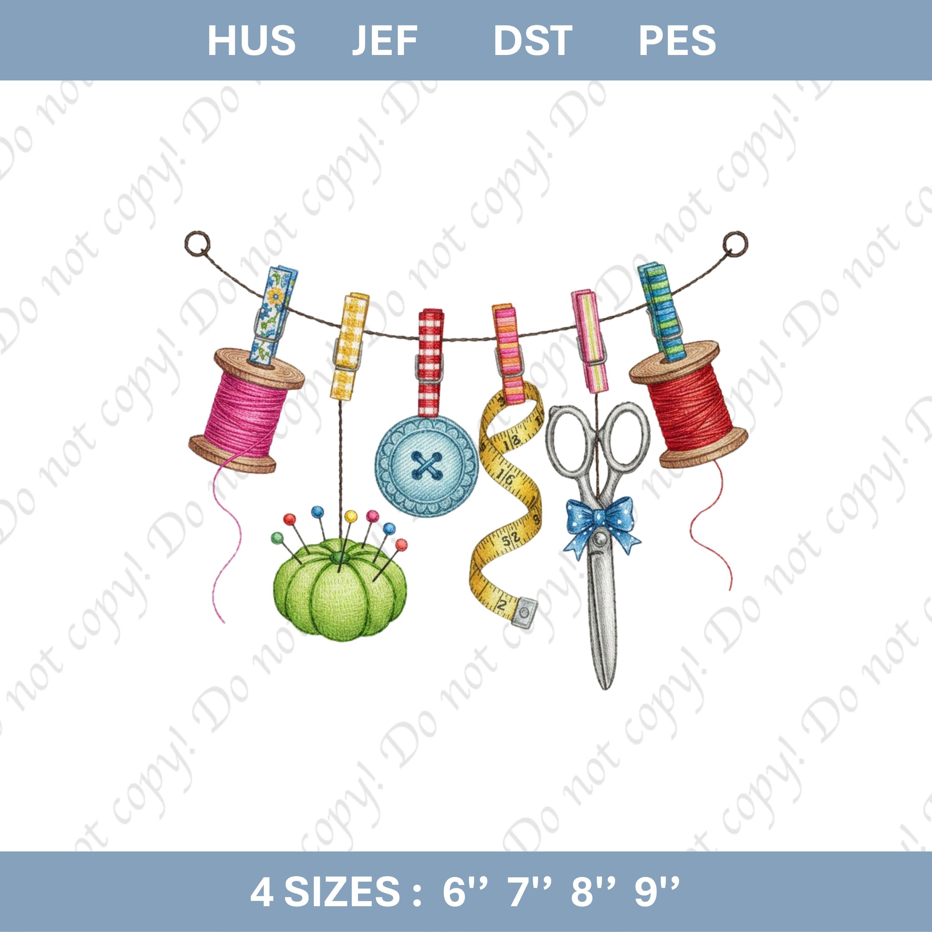 Sewing Tools Embroidery File Thread Spools Scissors Measuring Tape Sewing Machine Design Quilting Craft Room Stitch Pattern