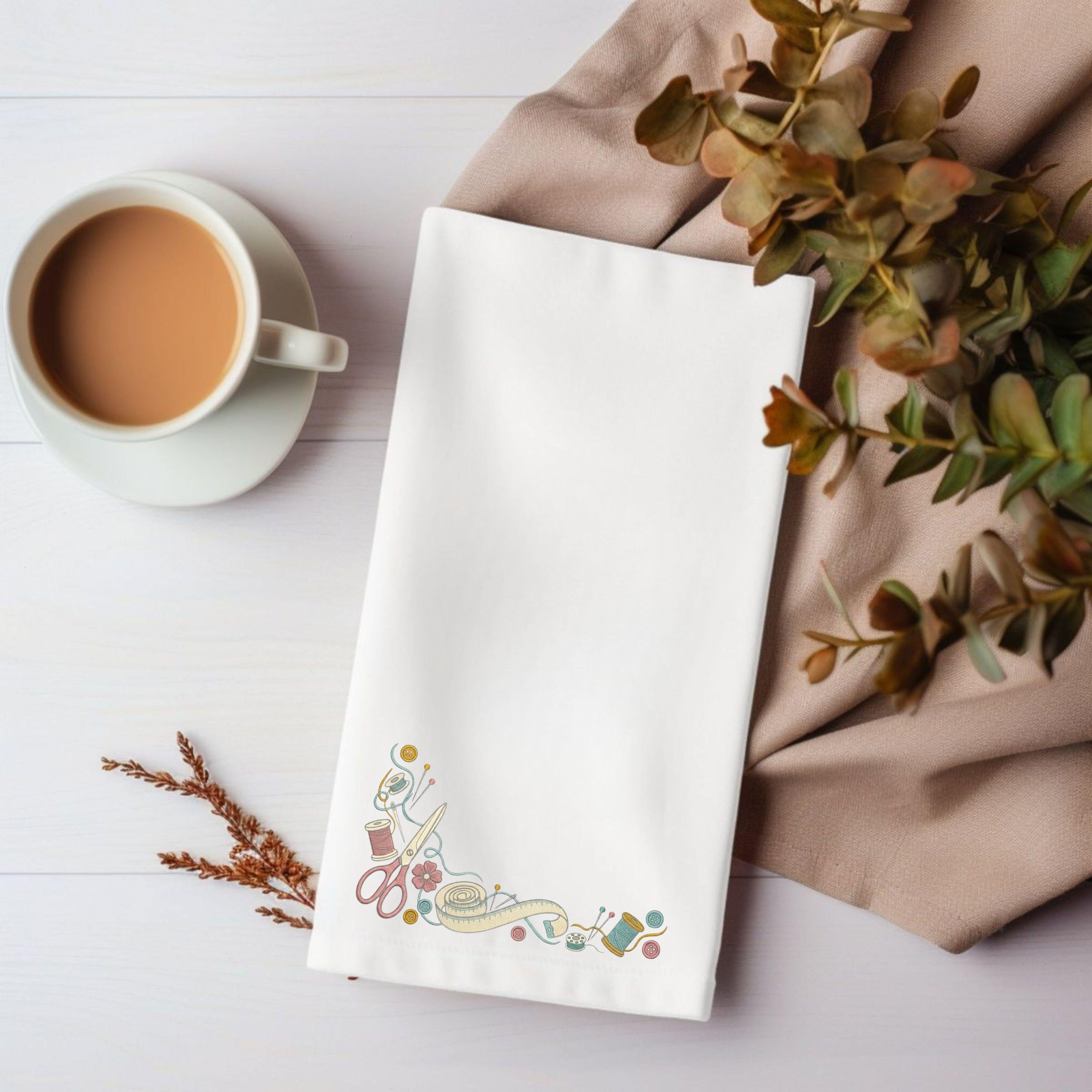 Floral Sewing Border Embroidery File: Scissors, Tape Measure, Spool (Digital Download)