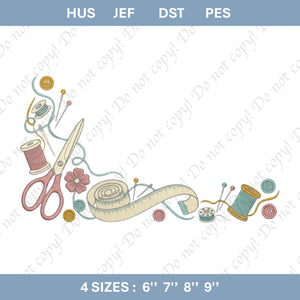Floral Sewing Border Embroidery File: Scissors, Tape Measure, Spool (Digital Download)
