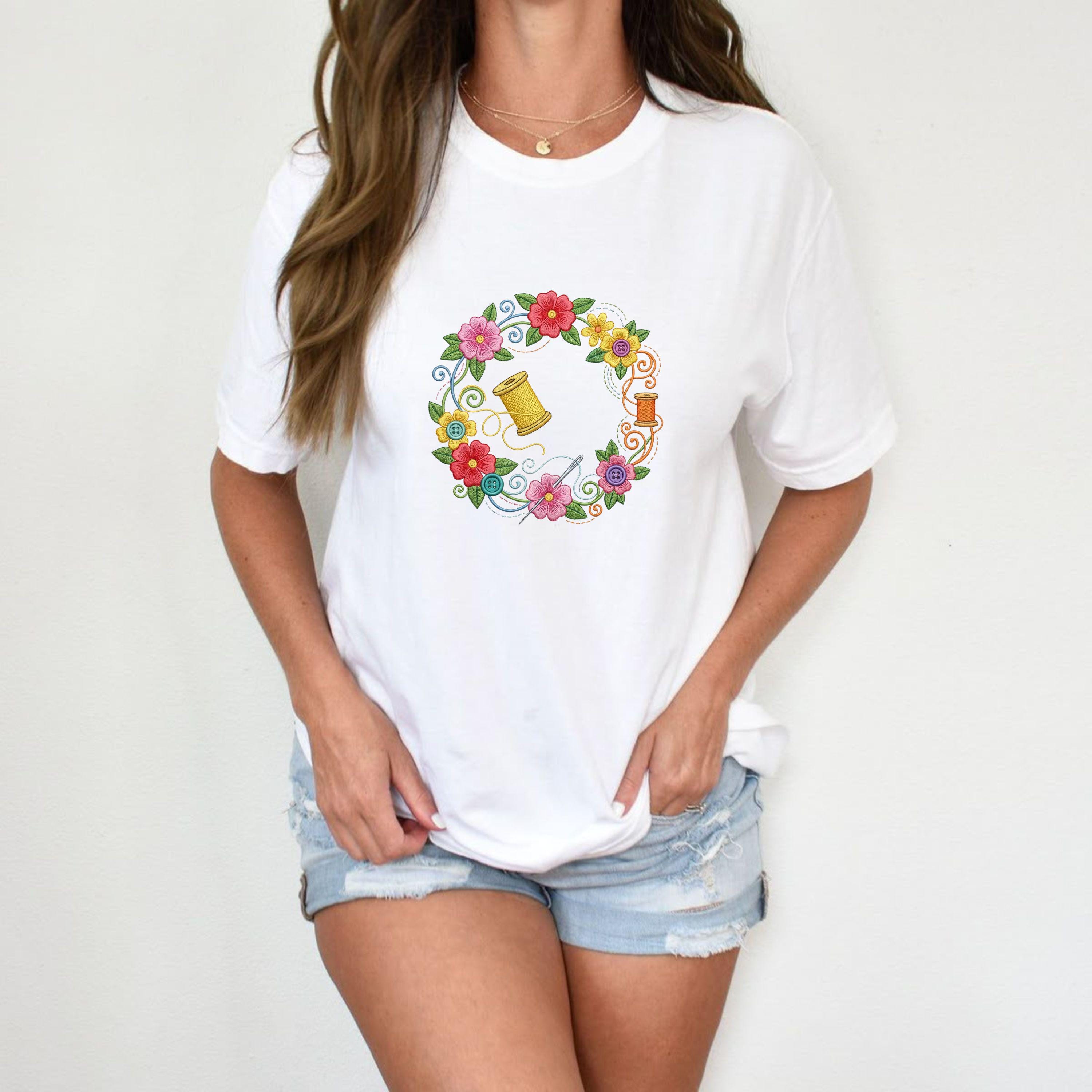 Floral Sewing Wreath Embroidery File: Spool, Button, Flower Border Machine Design (Digital Download)