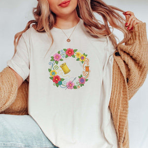 Floral Sewing Wreath Embroidery File: Spool, Button, Flower Border Machine Design (Digital Download)