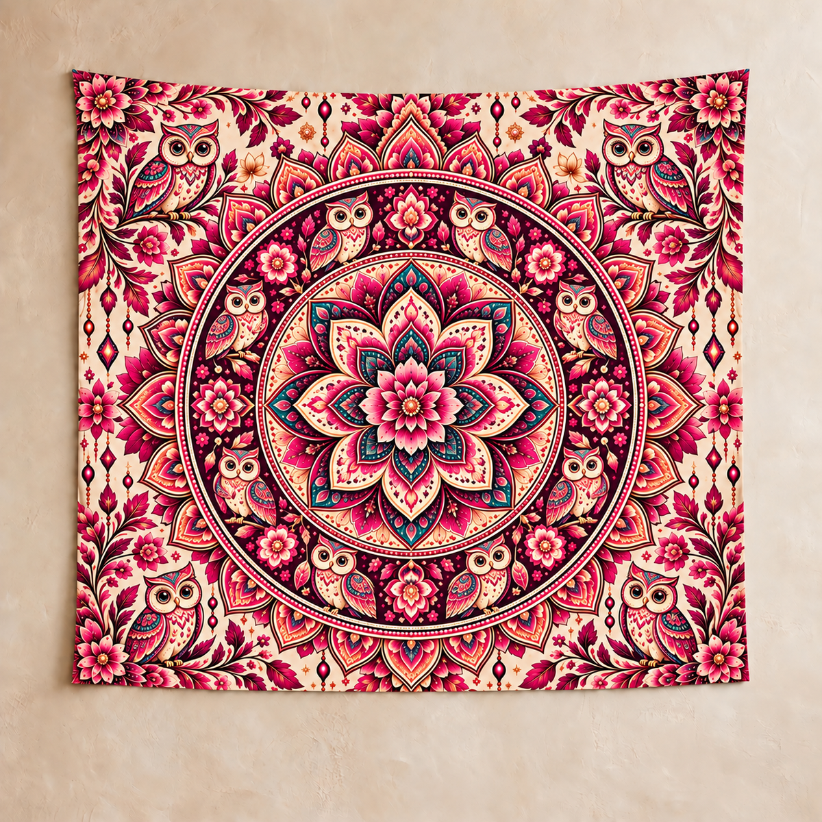Pink Owl Mandala Tapestry, Boho Floral Wall Hanging, Bohemian Bedroom Decor, Pink Aesthetic Wall Art, Cottagecore Room Decor