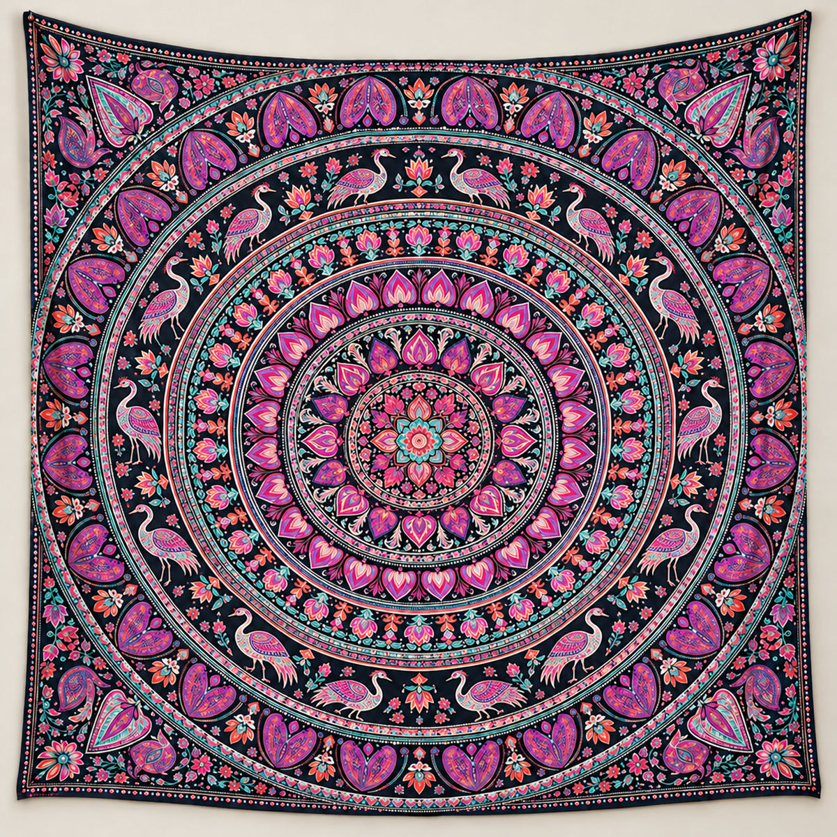 Pink Mandala Tapestry Crane Bird Wall Hanging Boho Floral Decor