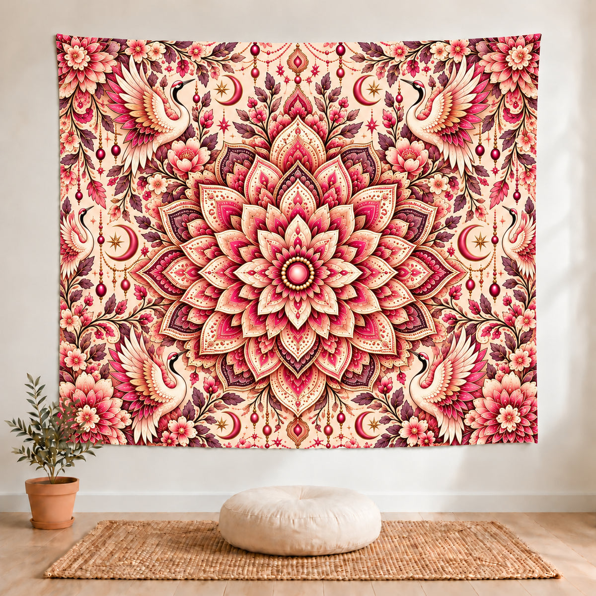 Pink Crane Mandala Tapestry, Floral Boho Wall Hanging, Lotus Mandala Wall Art, Bohemian Bedroom Decor, Bird Lover Gift, Yoga Room Decor