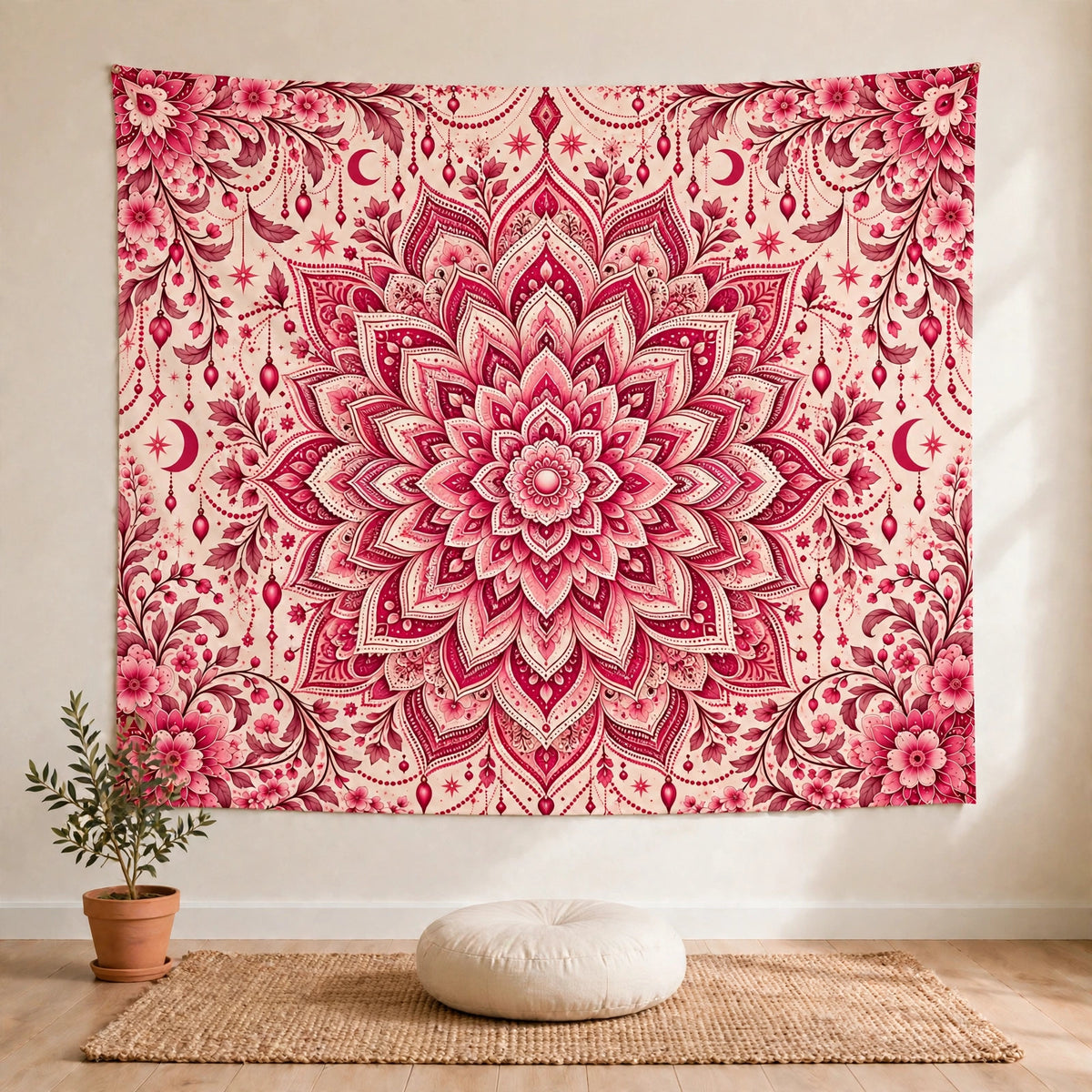 Pink Mandala Tapestry, Celestial Floral Boho Wall Hanging, Bohemian Bedroom Decor, Meditation Yoga Room Tapestry, Hippie Wall Art