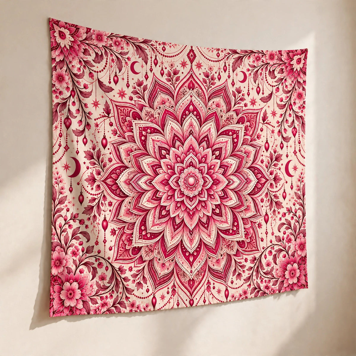Pink Mandala Tapestry, Celestial Floral Boho Wall Hanging, Bohemian Bedroom Decor, Meditation Yoga Room Tapestry, Hippie Wall Art
