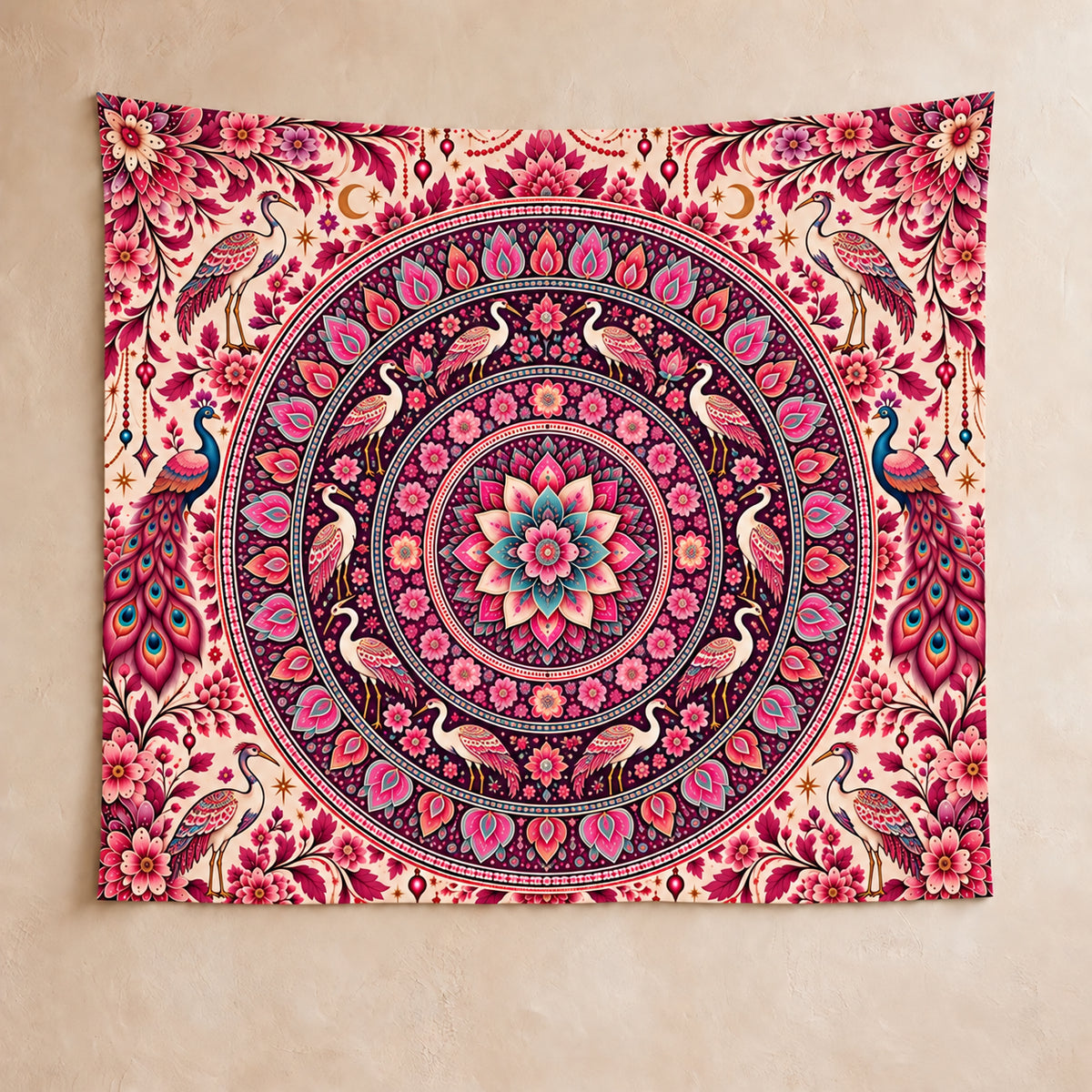 Pink Tapestry Mandala Crane Bird Peacock Wall Hanging Boho Floral Decor