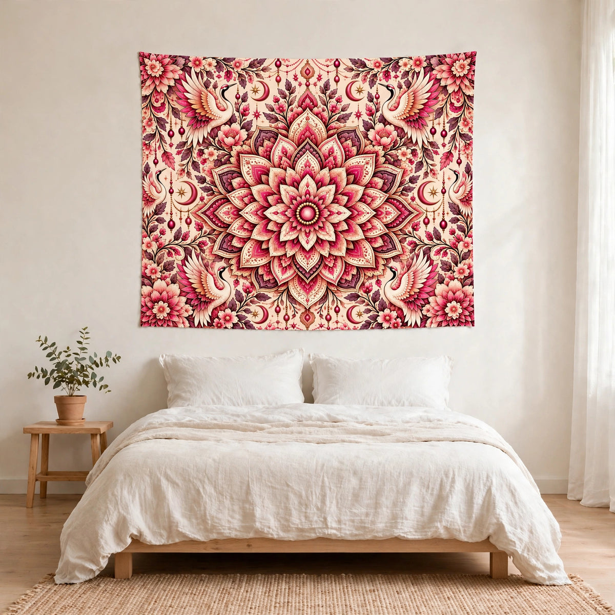 Pink Crane Mandala Tapestry, Floral Boho Wall Hanging, Lotus Mandala Wall Art, Bohemian Bedroom Decor, Bird Lover Gift, Yoga Room Decor