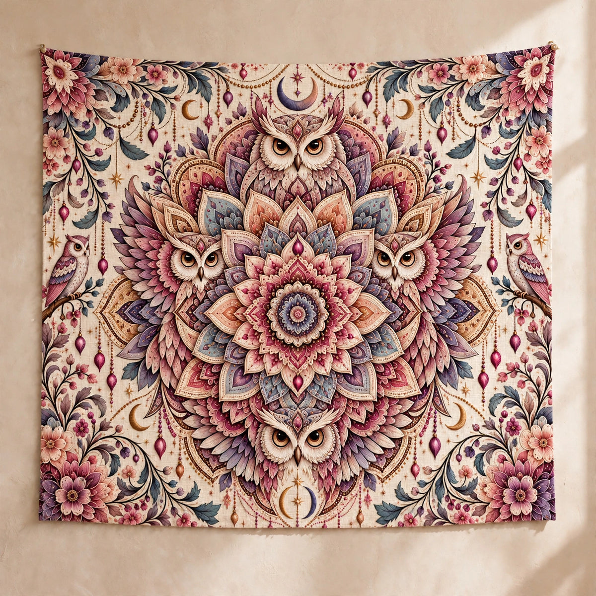 Pink Mandala Tapestry, Boho Celestial Wall Hanging, Floral Moon Tapestry, Witchy Cottagecore Bedroom Decor, Spiritual Wall Art